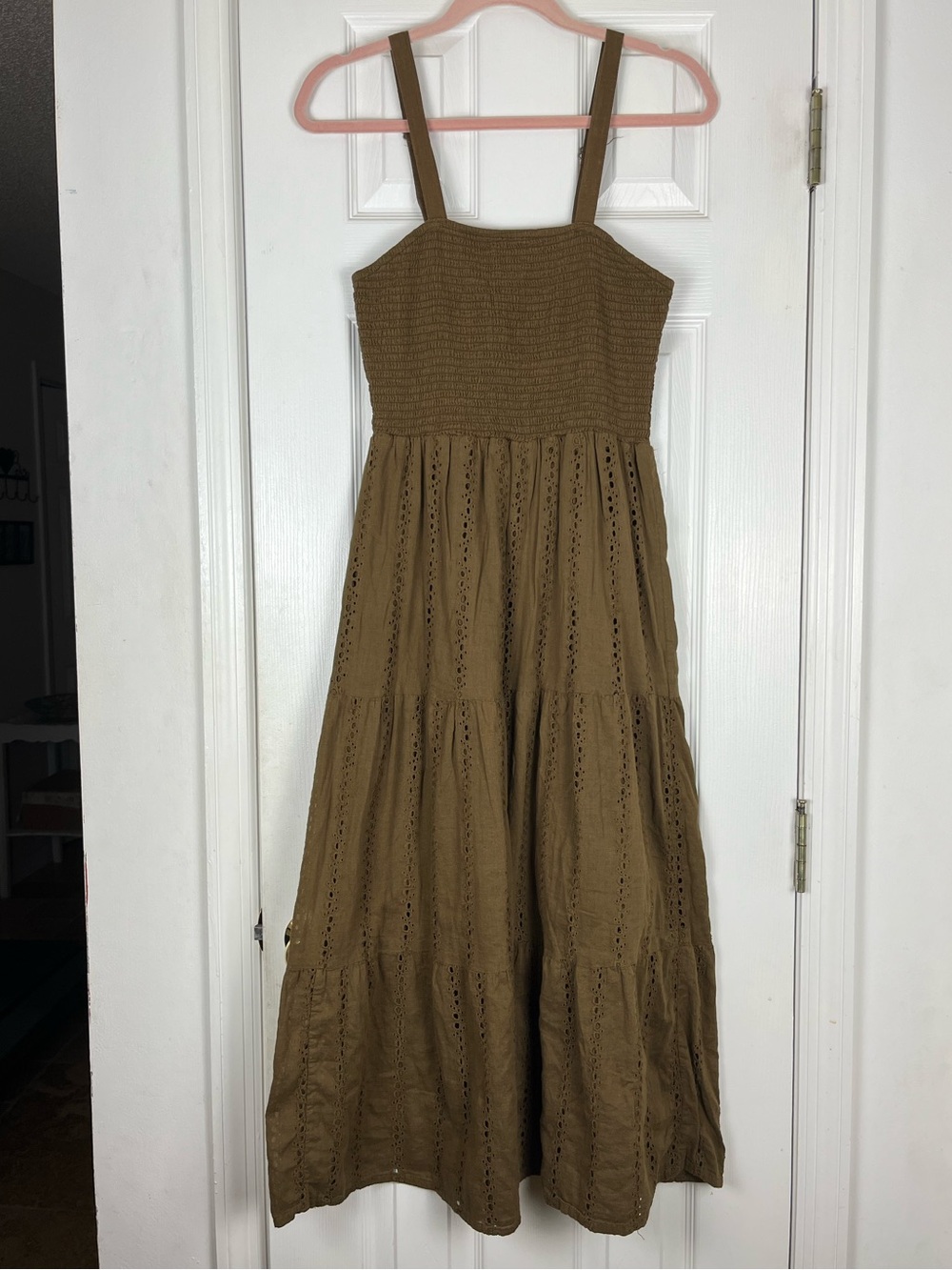 Nation AK Outfits Smocked Eyelet Lace Tiered Midi Maxi Prairie Dress Sz M Boho